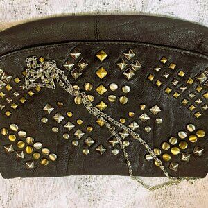 ✨ Vintage OSOS Leather Studded Clutch – Long Chain, Black, 1980s Punk Glam